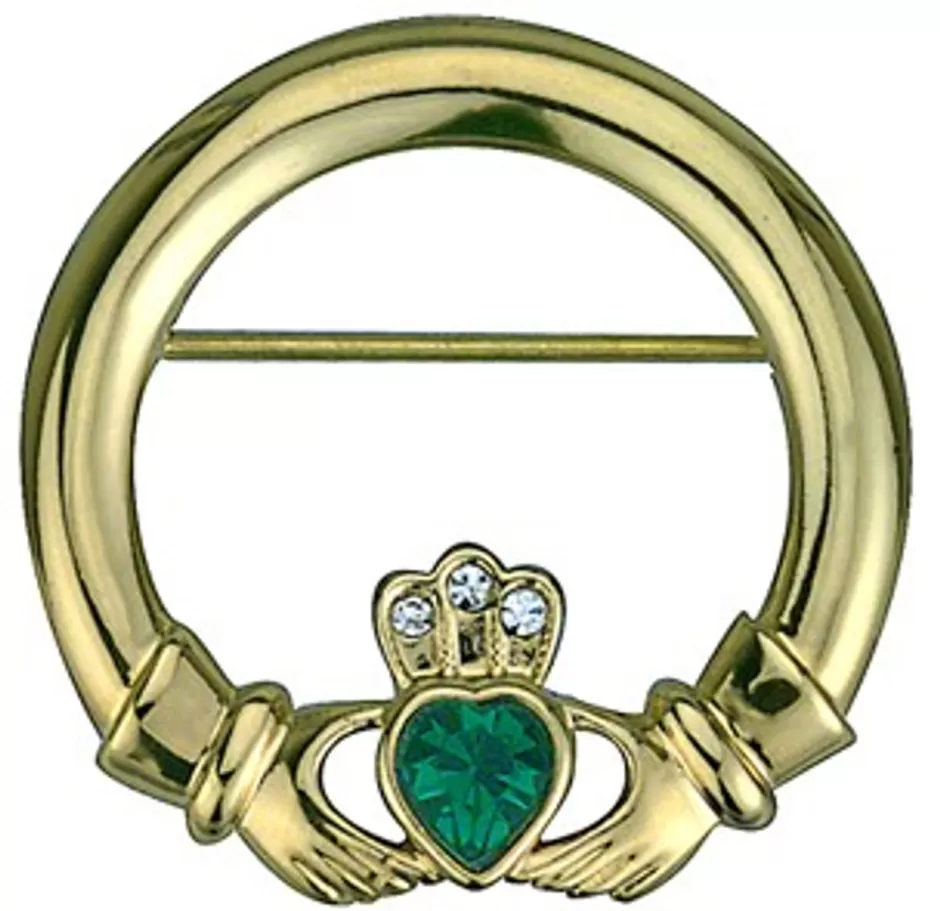 gold_plated_claddagh_brooch_with_stone_2.webp Jewelry | Jewelry<Glenaran Gold Plated Claddagh Brooch with Stone