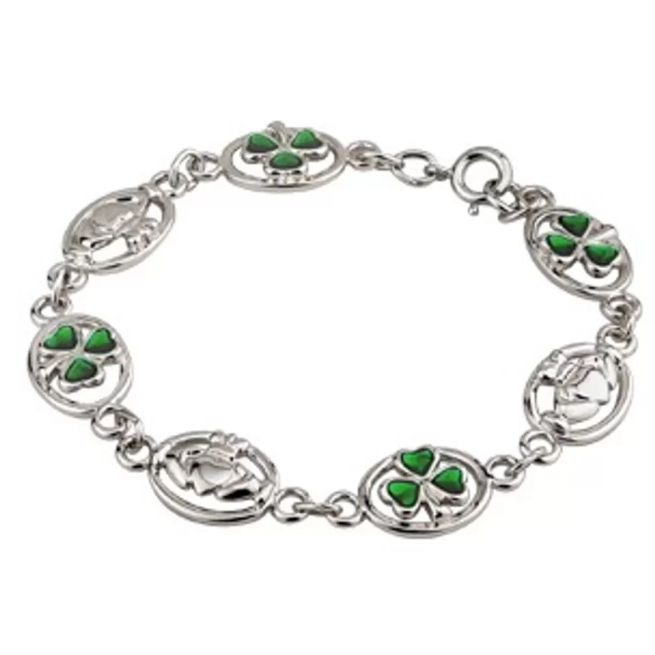 rhodium_plated_claddagh__shamrock_bracelet_2.webp Jewelry | Jewelry<Glenaran Rhodium Plated Claddagh & Shamrock Bracelet